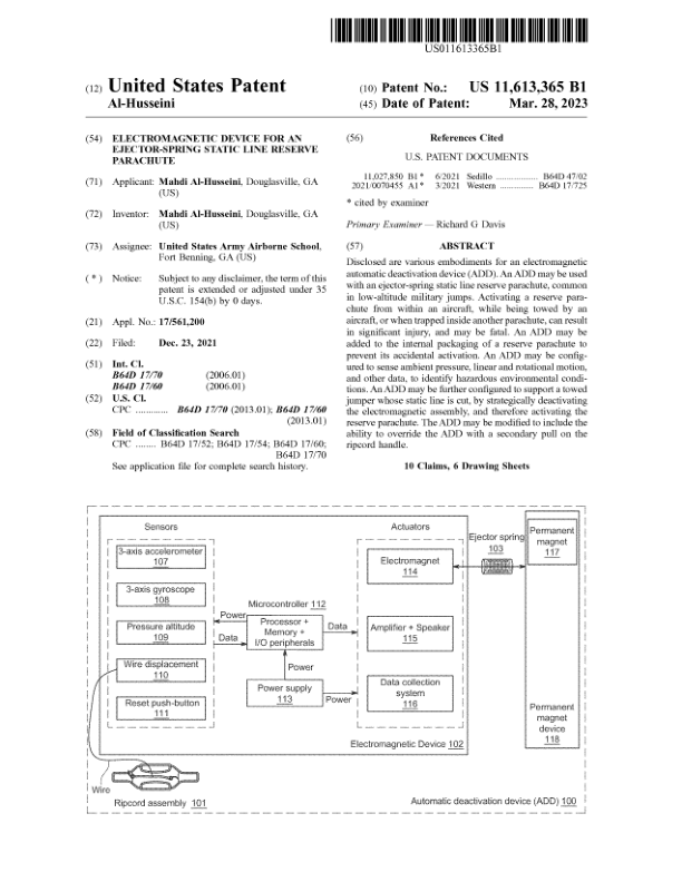 Electromagnetic device for an ejector-spring static line reserve parachute